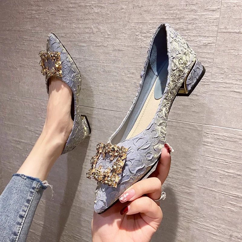 

Shoes Women's Pumps 2022 Autumn New Slip-On Rhinestone Square Buckle Pointed Toe Shallow Shoes Square Heel 3CM Fashion Shoes