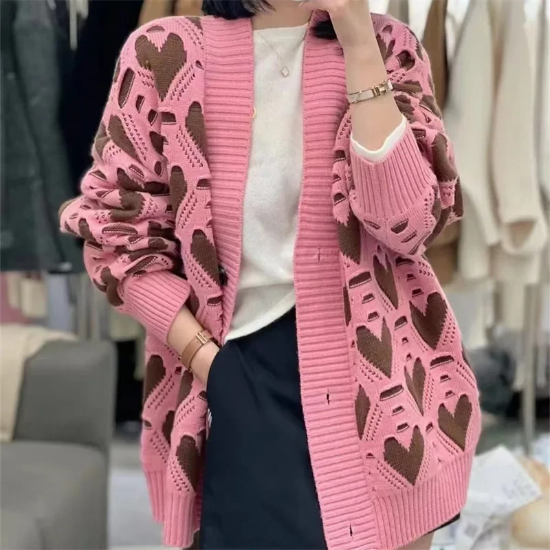 Women Print Button Cardigan Sweaters V Neck Splice Knit Thick Jumpers Hollow Vintage Long Sleeve Elegant Lady Autumn Winter