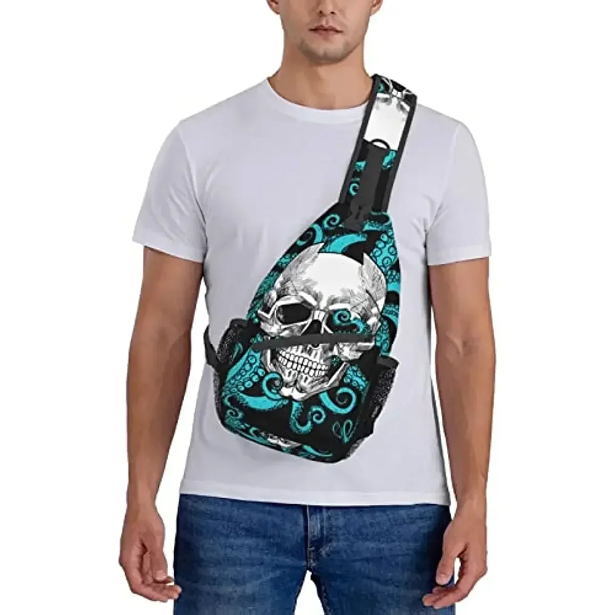 Bolso bandolera con tentáculo de calavera para mujer, mochila cruzada para el pecho, mochila para senderismo, mochila informal de viaje para hombre, paseo al aire libre, playa, poliéster