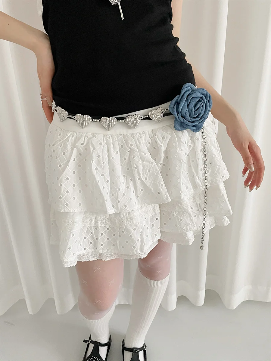 French Chiffon Floral Waist Belt For Women Vintage High-End Denim Blue Rose Pattern With Skirt Dress Waist Rope Decoration