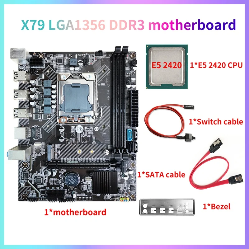 

X79 Computer Motherboard Kit+E5 2420 CPU+Switch Cable+SATA Cable+Bezel LGA1356 DDR3 REG ECC RAM Slot M.2 NVME SATA3.0