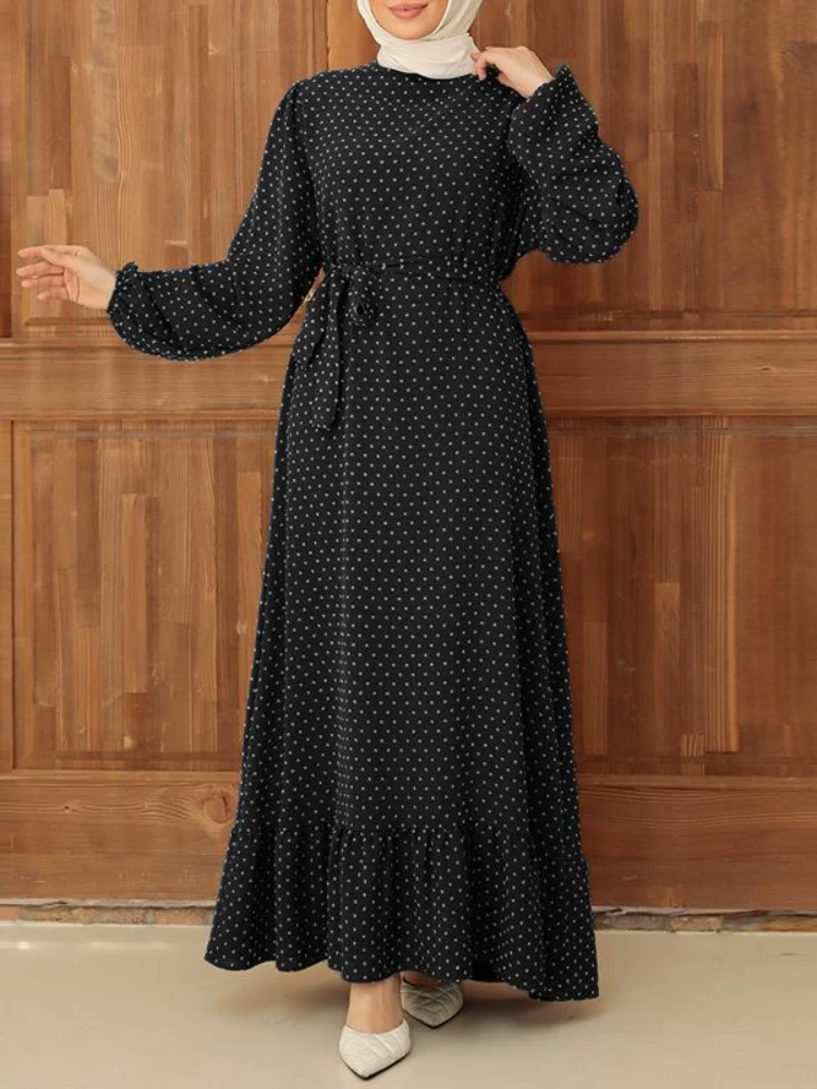 Muslim Abaya for Women Dress Polka Dots Printed Long Robe Arab Jalabiya Eid Ramadan Morocco Dubai Abayas Kaftan Islam Vestidos