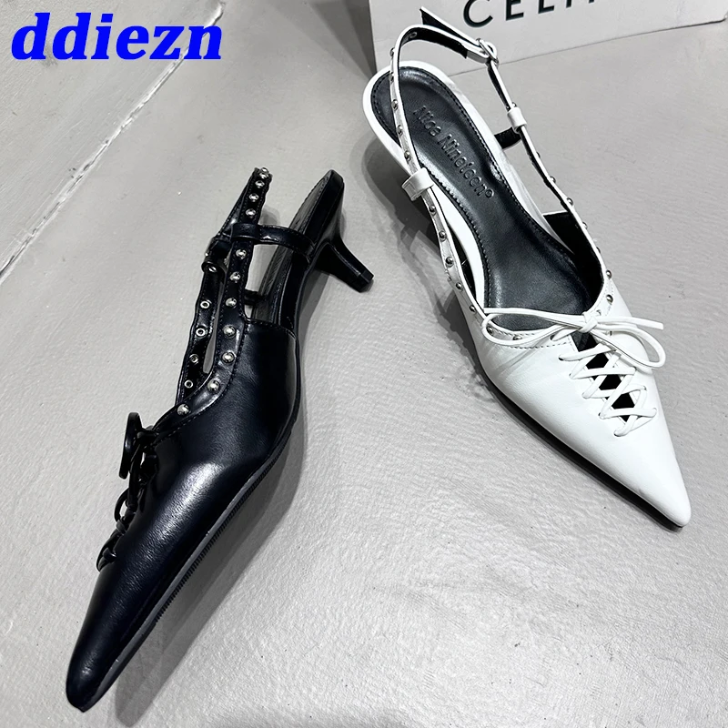 Pointed Toe Pumps Sandals Ladies High Heels Shoes Female Summer Shallow Fashion Lace Up New In Elegant Woman Heeled Shoes 2023