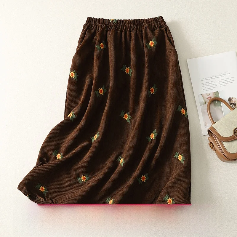 レディースAラインシフォンスカート刺繍入りコットンベルベット秋冬ロング傘スカート通勤カジュアルミッドウエストデザイン