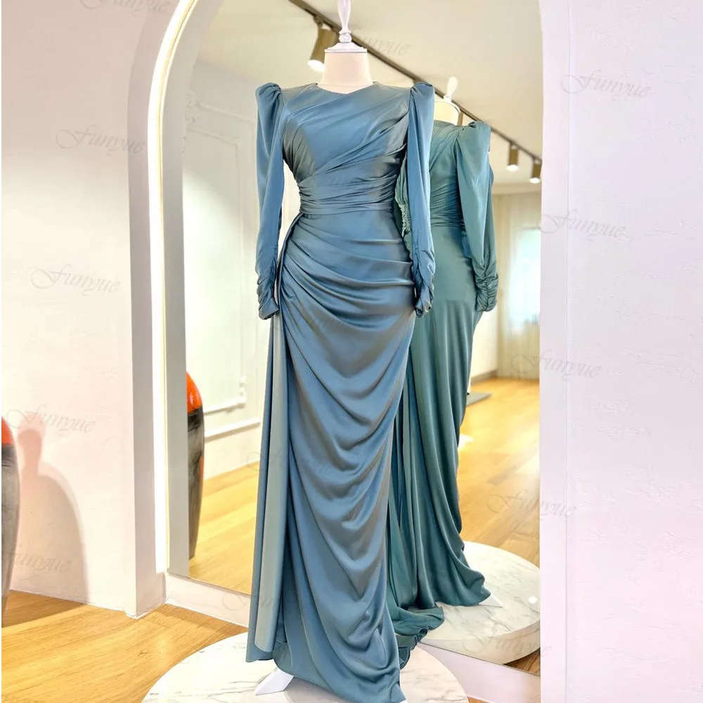 

Blue Long Sleeve Musilm Evening Dresses Mermaid O-Neck Satin Dubai Arabic Formal Gown Prom vestidos elegantes para mujer