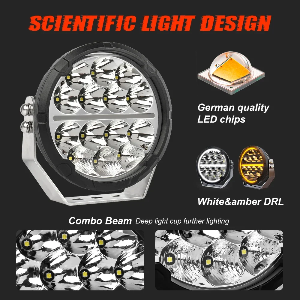 White Amber DRL Light Spot Offroad, Truck Round 7 inch Led Spotlights 4x4