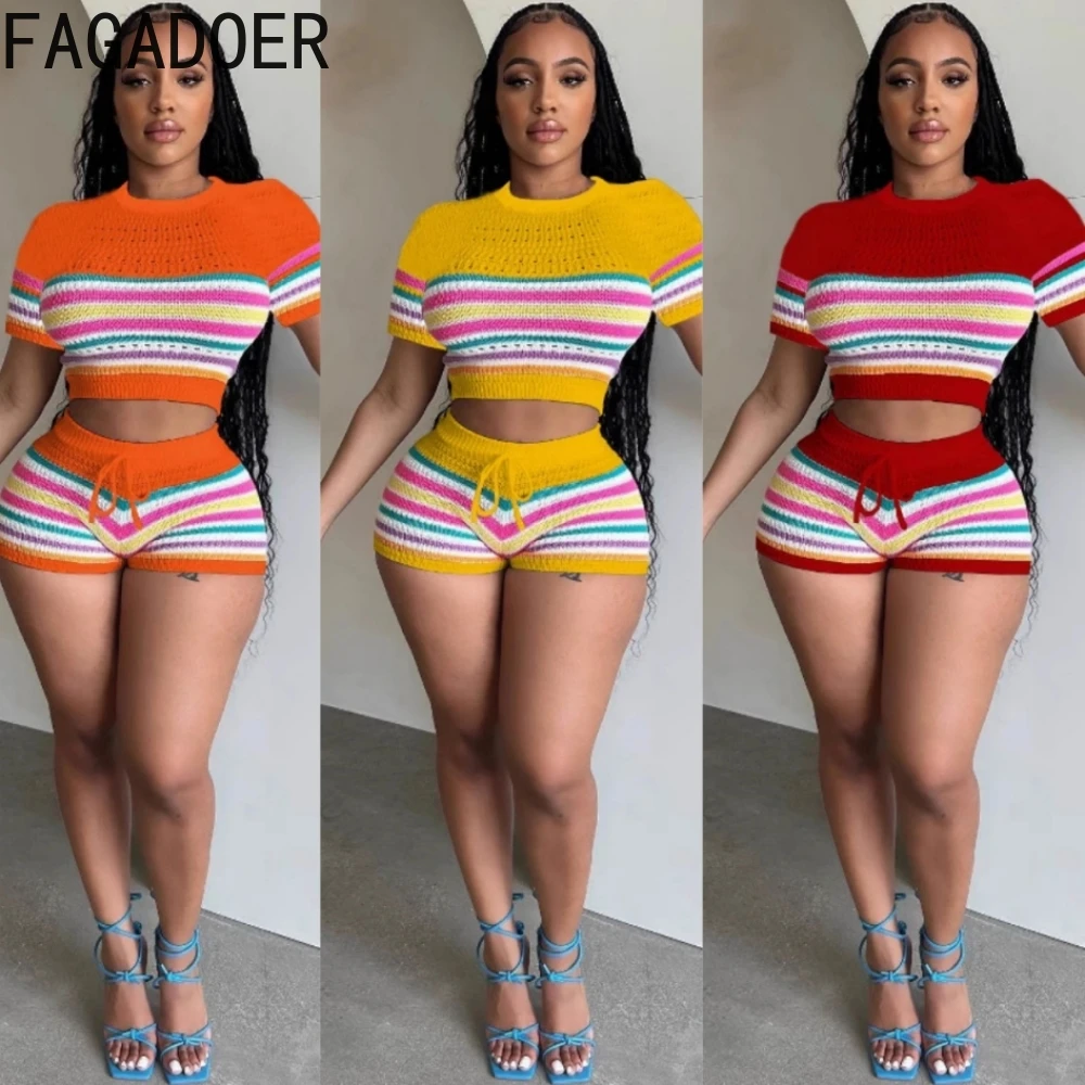 

FAGADOER Summer New Knitting Stripe Printing Two Piece Set Women O Neck Short Sleeve Slim Crop Top And Shorts Outfits Streetwear