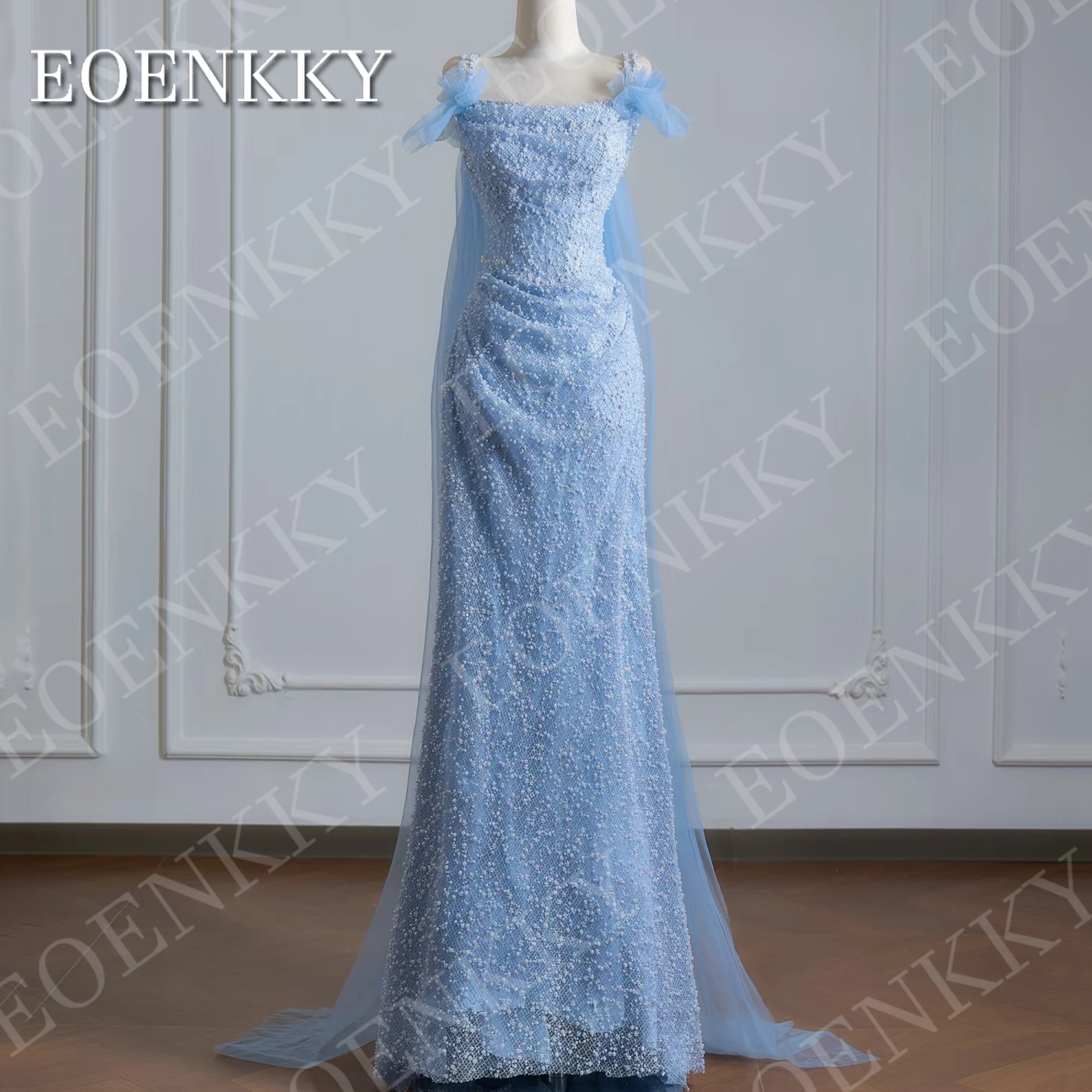 

EOENKKY Light Blue Prom Dresses 2026 Luxury Beaded Mermaid Tulle Spaghetti Straps Party Dress Woman Fairy Customized فساتين سهرة