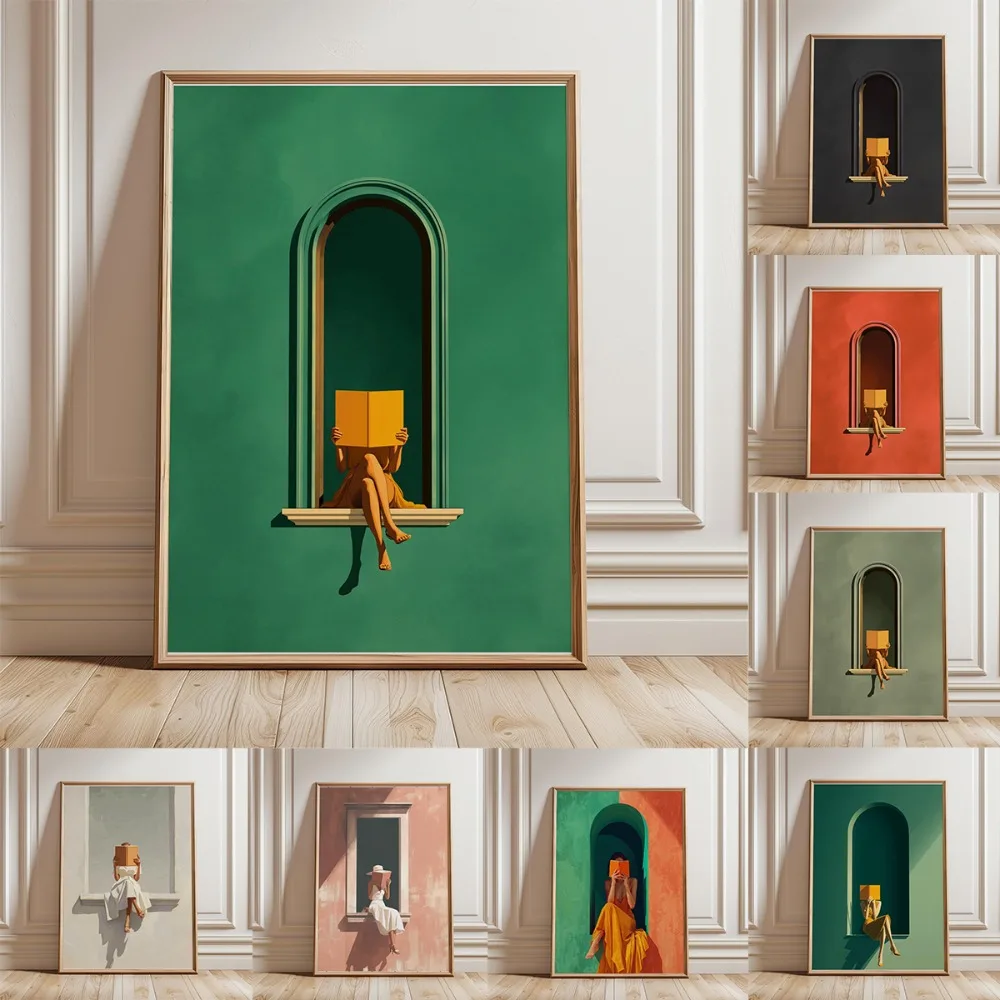 Impresión en Lienzo de Mujer Leyendo, Verde Esmeralda, Decoración de Pared para Esquina de Lectura, Dormitorio, Biblioteca Mo
