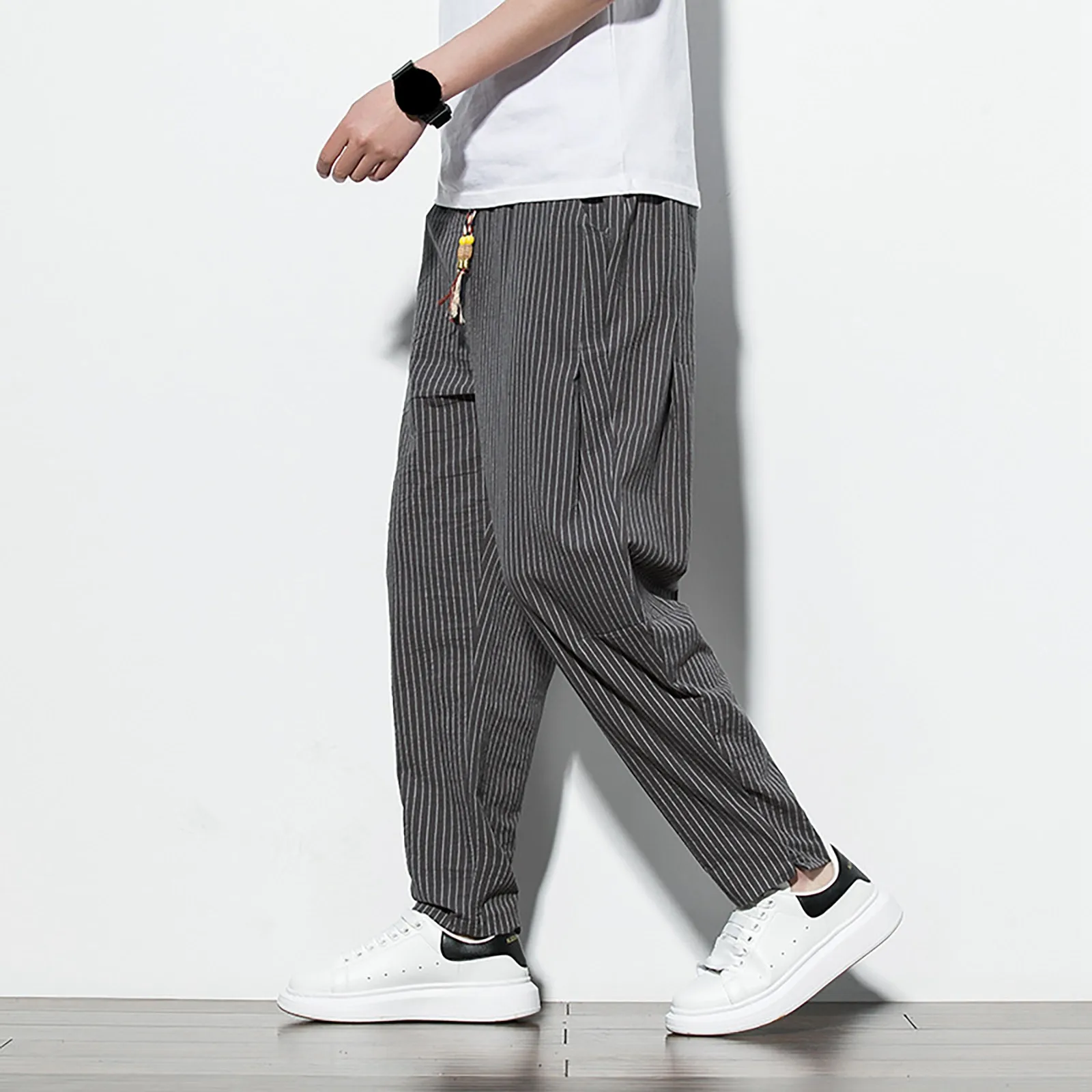 Men Drawstring Striped Casual Pants Breathable Pencil Pants Fashion Trousers Four Seasons Fashion Versatile Comfortable Pants