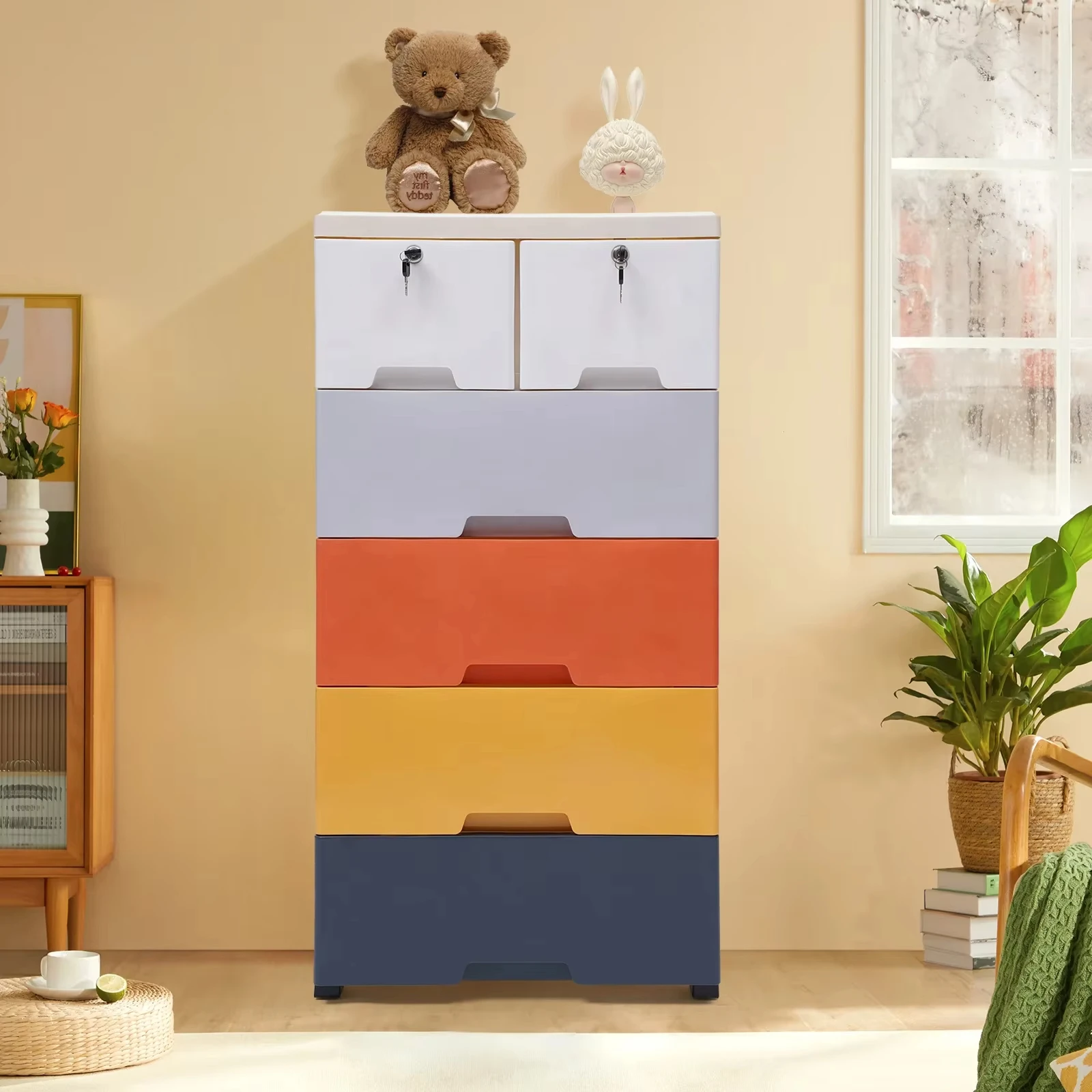 

Штабелируемый шкаф-органайзер с 6 ящиками и запирающимися колесами, грузоподъемность 30 кг, пищевой ПП, современный домашний блок для хранения