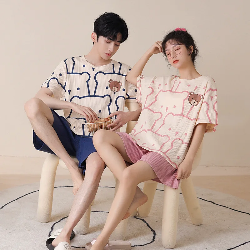 

Pajamas Women Summer Thin Cotton Short-Sleeved Shorts Pijamas Men Korean Cute Sleepwear Couples New Nightie Home Clothes