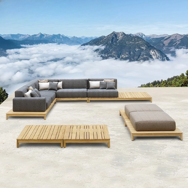 

Outdoor teak courtyard sofa Nordic solid wood waterproof and anti-corrosion outdoor balcony hotel homestay leisure