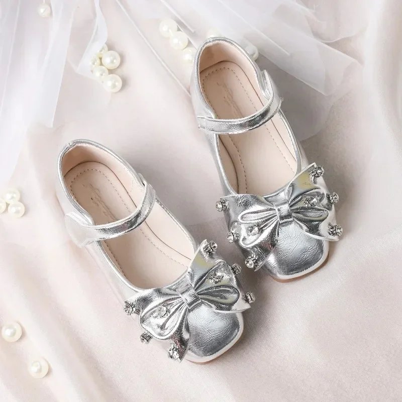 

Girls Dance Shoes Big Bows Sparkling Rhinestone 2025 New Fashion Children Flat Shoes Black Performance Kids Princess Shoes Soft