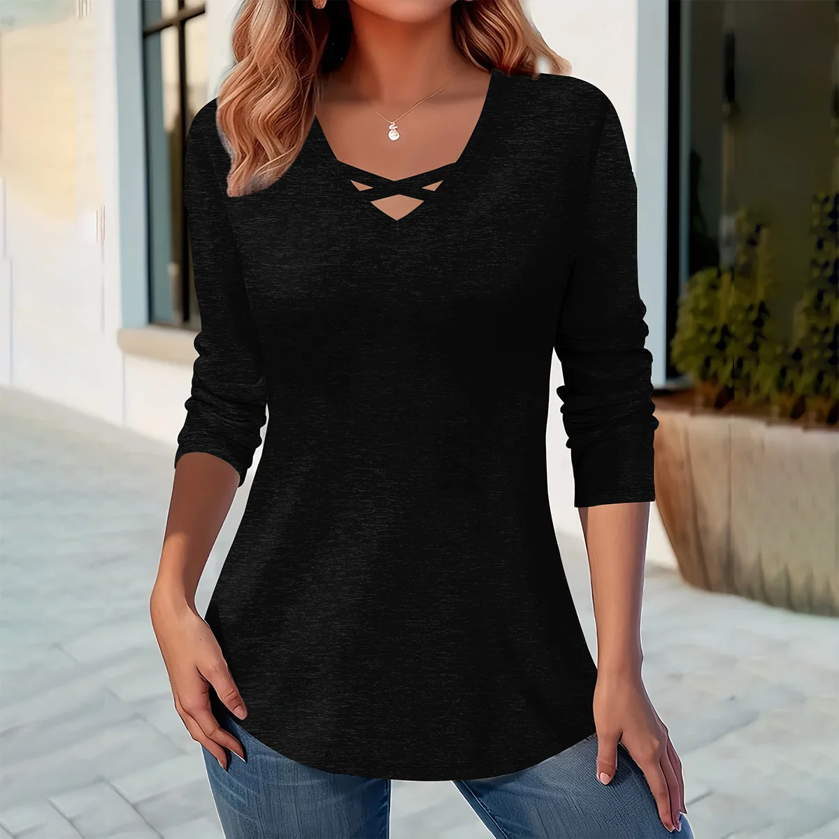 2026 autumn and winter new fashion women's V-neck  long sleeve Solid  Color  elegant casual loose  t-shirt