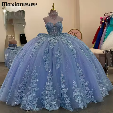 Customized Sky Blue Quinceanera Dress 3D Flower Appliques Corset Tulle Ball Gown Formal Prom Evening Party Dress For Women