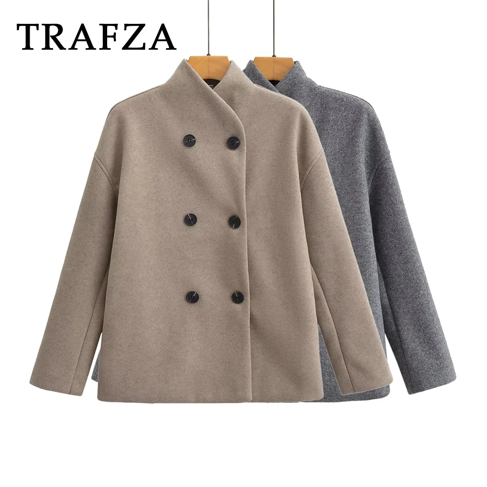 TRAFZA 2024 Autumn Winter Women Casual Solid Woolen Coat Fashion Office Lady Loose Double Breasted Turtleneck Demi-season Jacket