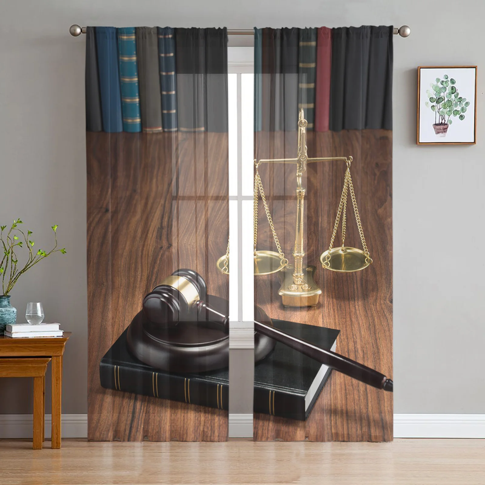 Gavel Golden Lawyer Hammer Voile Sheer Curtain for Living Room Coffee Hotel Tulle Drapes Window Home Decor Bedroom Curtains