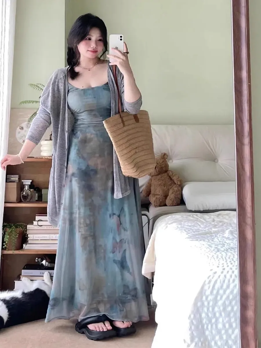 

Элегантный комплект из двух предметов: сексуальное длинное платье на бретельках больших размеров для полных женщин, с эффектом супер-похудения, с длинными рукавами