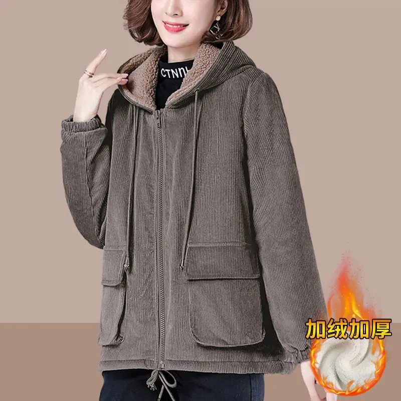 Fashion Corduroy Plus Velvet Hooded Coat Women\'s Short Thick Warm Autumn Winter Pocket Outwear 2022 New Loose Ladies Jackets