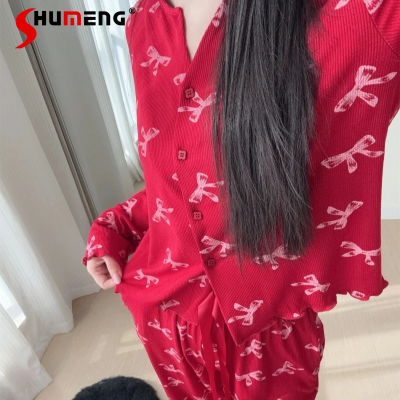 

Новогодний красный домашний костюм для женщин: мягкий комплект для сна в японском стиле с милым бантом