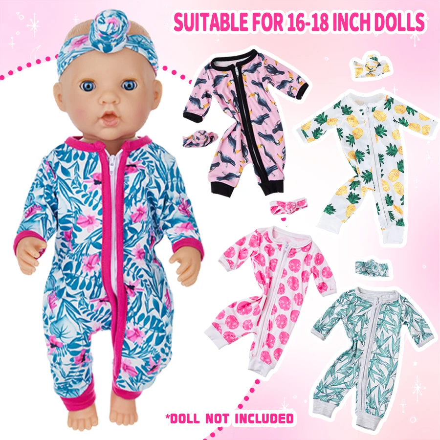 New Jumpsuit + Headstring Doll Outfit For 16-18Inch Baby Doll 45cm Reborn Babies Doll Floral Baby Clothes cartoon Kids Outfits