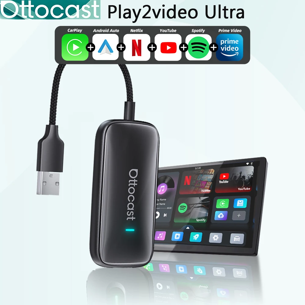 محول OTTOCAST Play2Video Ultra Wireless CarPlay Android Auto المدمج في Youtube Netflix Video Box ملحقات السيارة