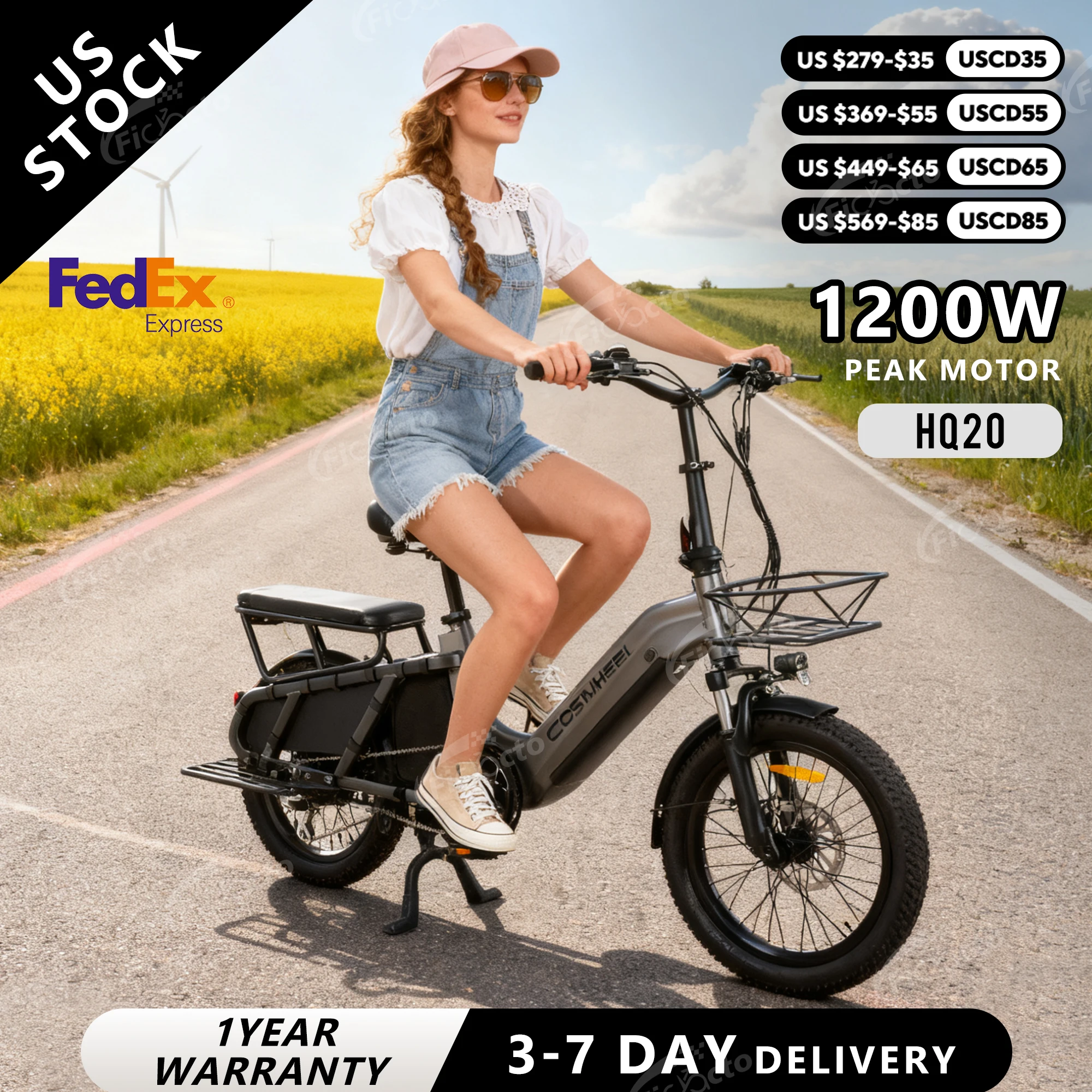 

Электрический велосипед COSWHEEL HQ20, электрический велосипед 1200 Вт PEAK, электрический грузовой велосипед, 48 В, 192 Ач, аккумулятор, 20-дюймовая шина, городской электронный велосипед