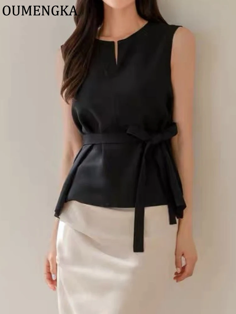 

OUMENGKA White Sleeveless Vest Summer Vests for Women Jackets Vest Top Bottom Split Elegant Streetwear Women's Waistcoat Vest