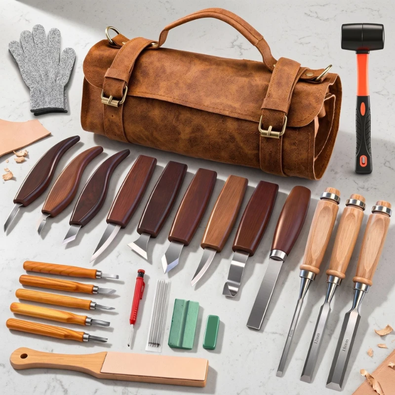Walnut Handle Wood Carving Knife Set Premium Hand Gouge Sculpting Tools Woodworking Chisels for Handcraft Wood Sculpture Work