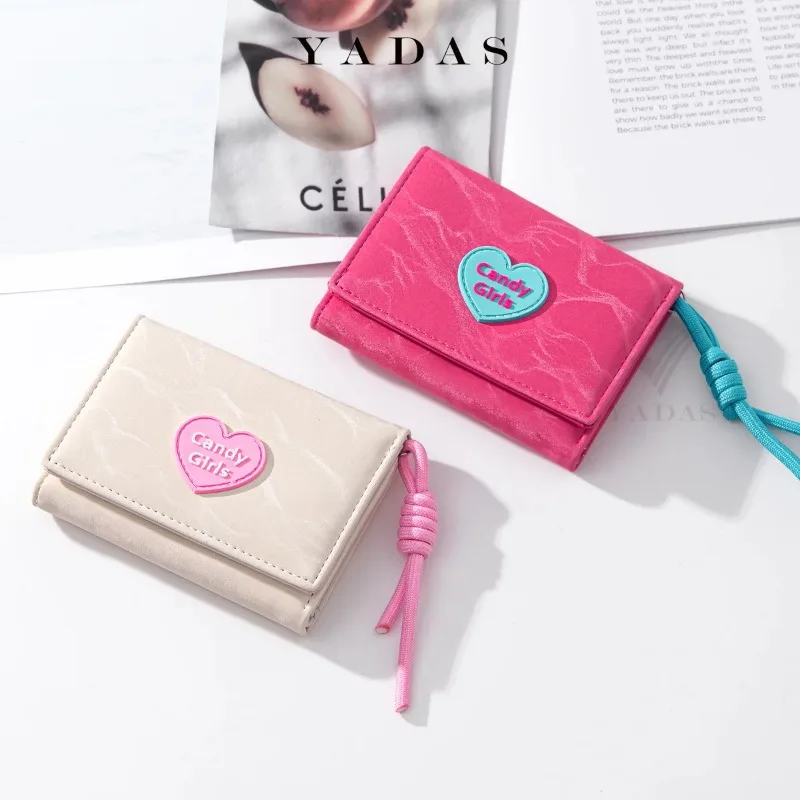 

Simple Hanging Rope Short Wallet Heart-Shaped Coin Purse Women Tri-Fold Folding Money Pouch Clutch Bag Portable Girl Card Holder
