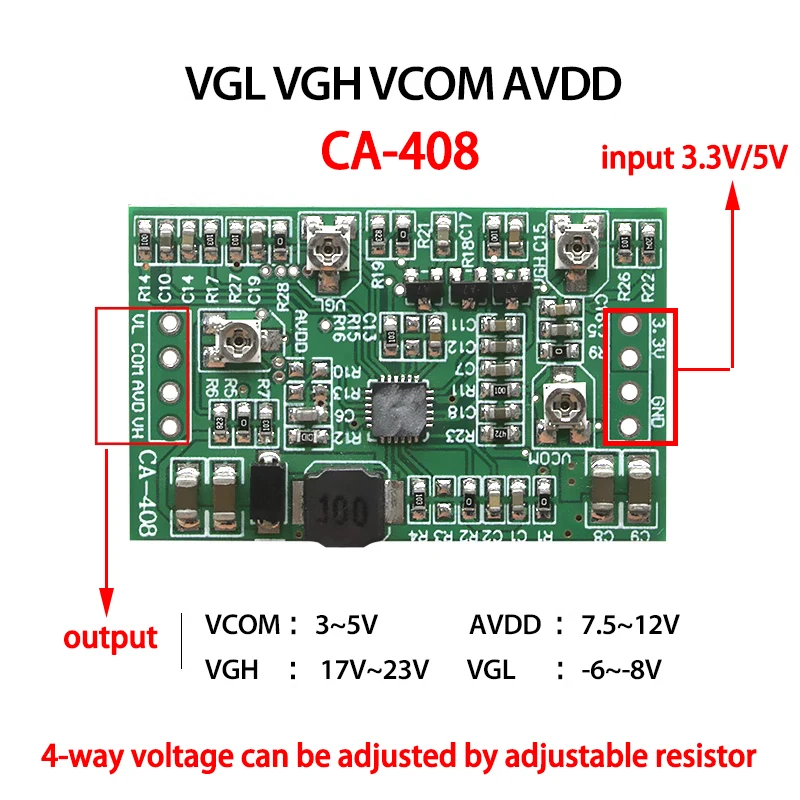 CA-408 CA-508 TV LCD Screen TCON Board Module Boost Board VGL VGH VCOM AVDD 4-way Adjustable Boost Module 3.3V 5V 12V Input