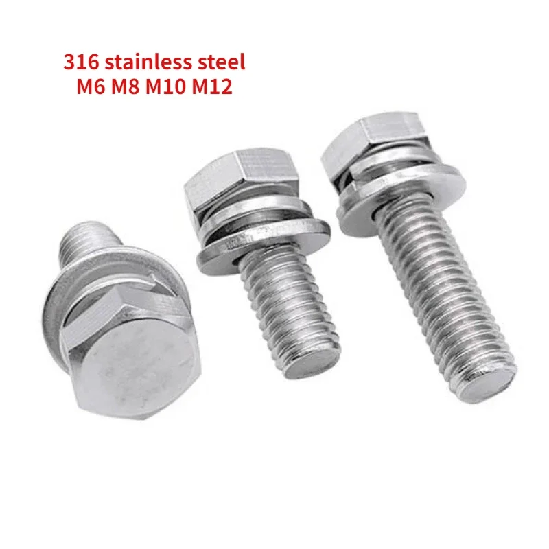 

10-50pcs M6 M8 M10 M12 316 Stainless Steel GB9074.17 External Hexagonal Triple Combination Screw with Flat Spring Washer Screw