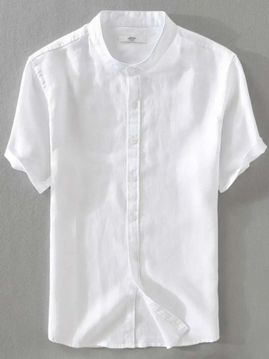 

New Summer Men's Casual Cotton Linen ort Sve irt No Collar Small Stand Collar White Summer Wear Loose Fit Pure Color