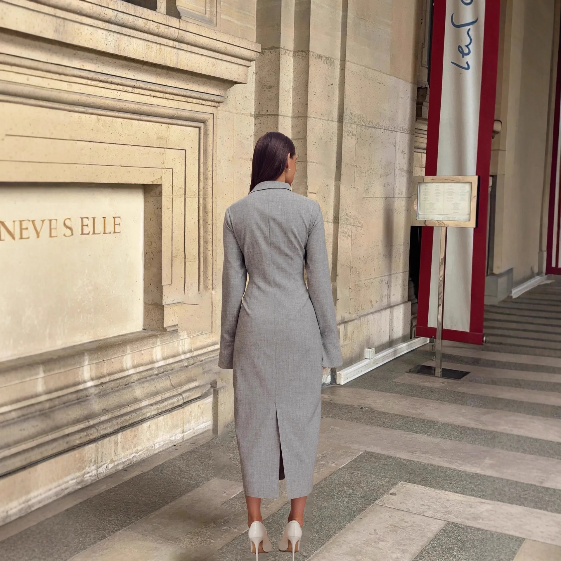 مزاج نسائي أنيق وعصري، نمط محايد، سترة صوفية بأكمام طويلة، لون خالص، قميص طويل، فستان