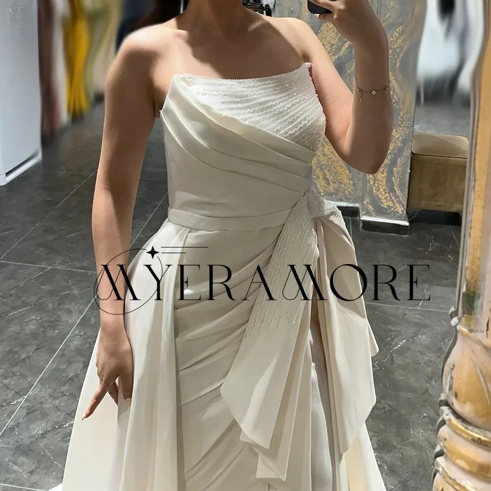 

Elegant Strapless Evening Dresses Sequins Lace Side Slit Bow Pleat Floor-Lenght Prom Dresses Customized فساتين سهرات