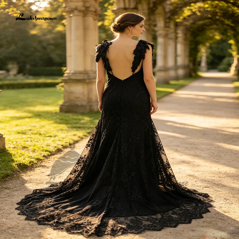 Lakshmigown Schwarzes Gothic-Brautkleid 2027 Feder Vintage Spitze Meerjungfrau Hochzeitskleid Rückenfrei Maßanfertigung – Detail 7