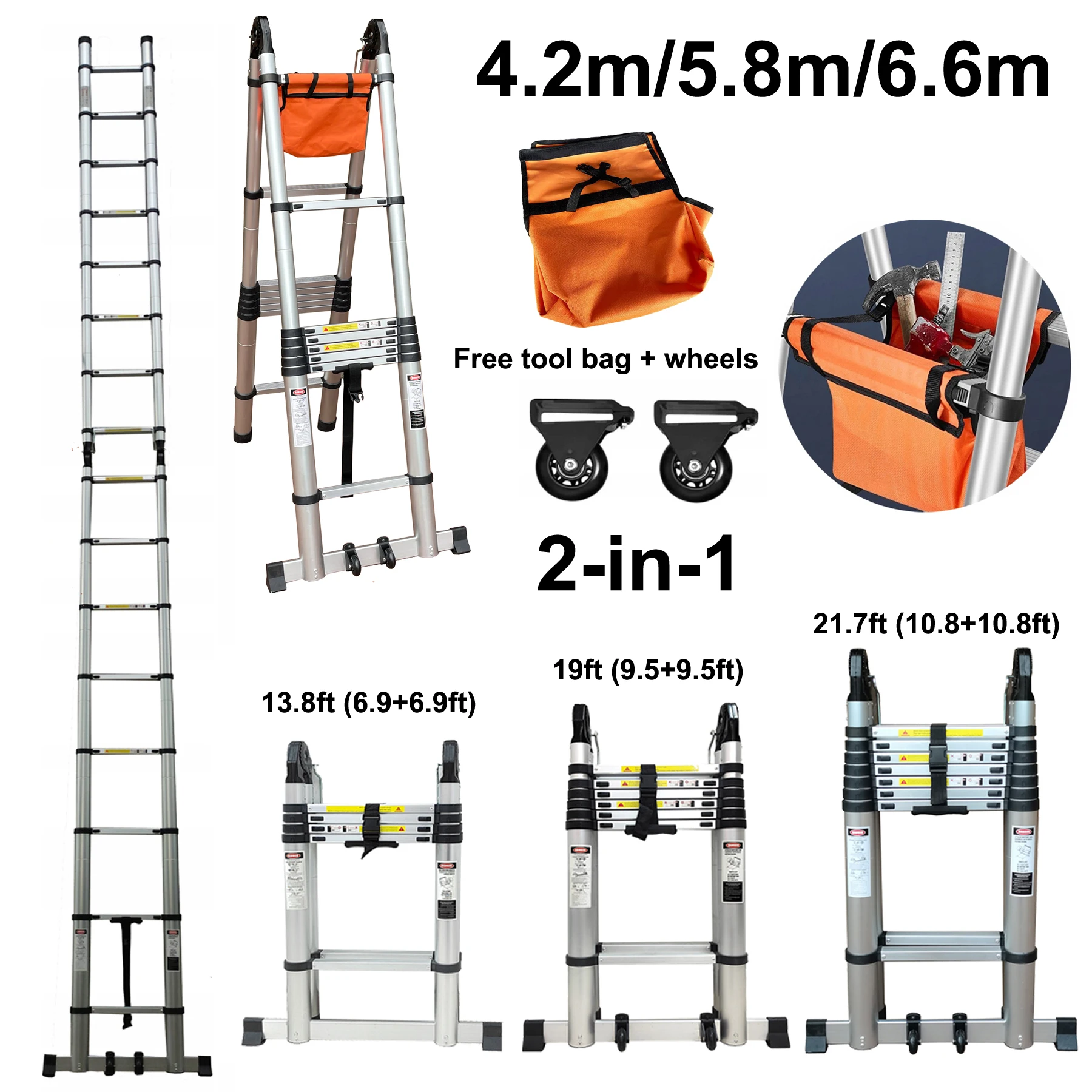 Telescopic Ladder Aluminium 6.6m/4.2m 13.8ft 22ft  A-Frame Folding Portable Multi-Purpose Ladder with EN131 Certified Load 150kg