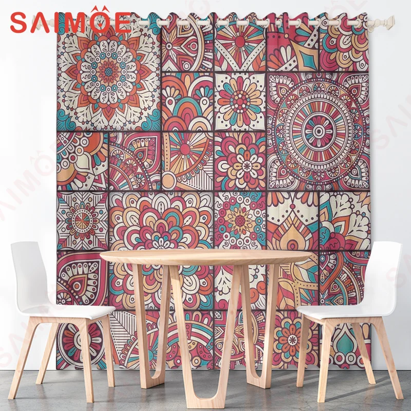 Bohemian Retro Ethnic Square Sheer Curtains Living Room Window  Curtains For Bedroom Kitchen Living Room Home Decoration Drapes