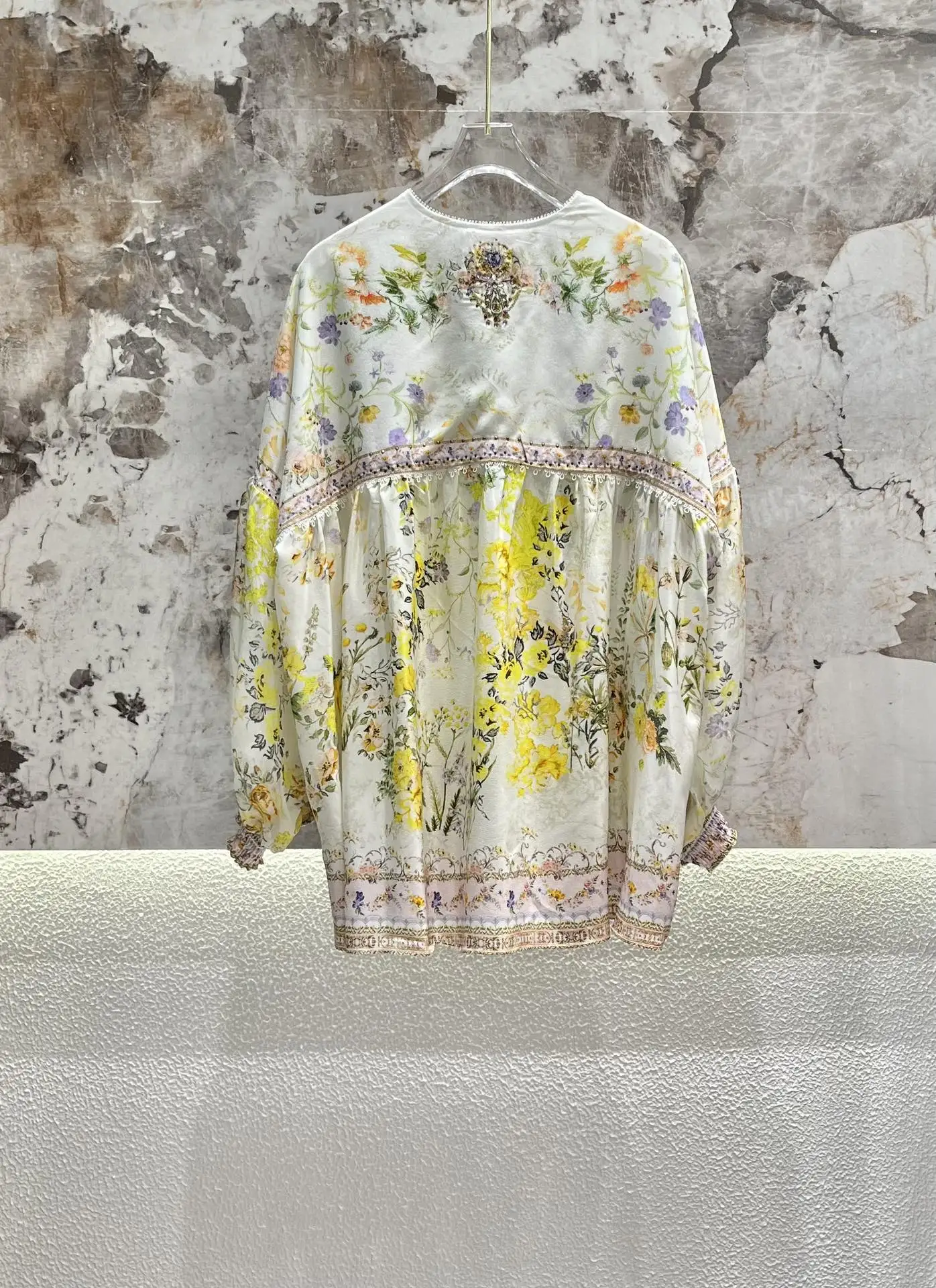 

Autumn 2024 Women Yellow Floral Print Beaded Set Lace-up V-Neck Long Sleeve Blouse or High Waist A-Line Ruffled Mini Skirt