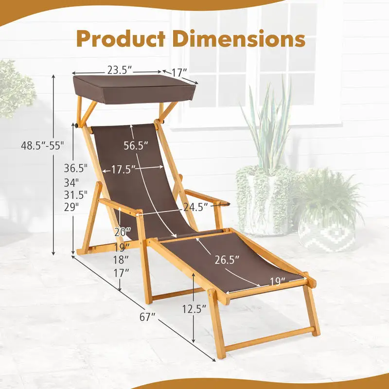 Birch Wood Folding Chaise Lounge Chair with Adjustable Canopy, 4-Position Reclining Backrest, Adult Outdoor Patio Poolside Sunbathing Seat, Brown