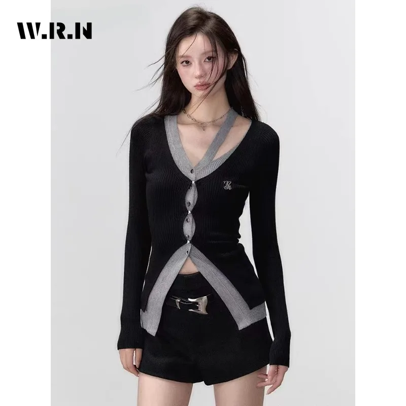 2023 Autumn Winter Hotsweet Slim Patchwork Knitting Long Sleeve Cardigans Women Casual Hollow Out Single Breasted Sexy Sweater