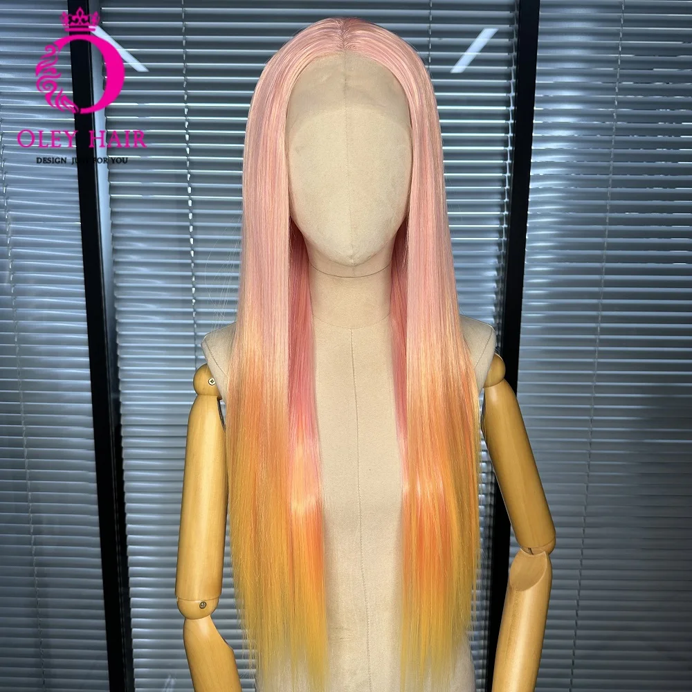 

OLEY Straight Ombre Pink Color Synthetic 13x4 Transparent Lace Front Glueless Heat Resistant Preplucked Cospaly Wigs For Women