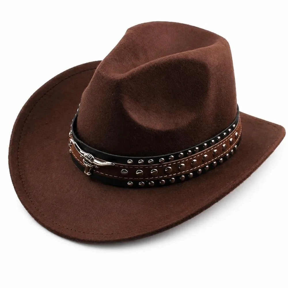 Felt Western Cowboy Hat Ox Head Decorative Ethnic Style Tibetan Style Top Hat with Belt Wide Brim Studded Leather Cap Outdoor