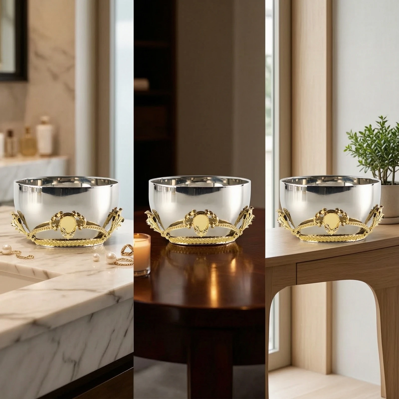 Bol en acier inoxydable avec base dorée, centre de table en métal réfléchissant, bol moderne de luxe lisse pour les décorateurs d'intérieur