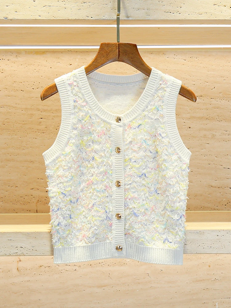 

Высококачественный вязаный жилет, топ из твидового материала, маленький Fraance Sle, женский модный летний жилет для поездок на работу, стандартный крой на пуговицах