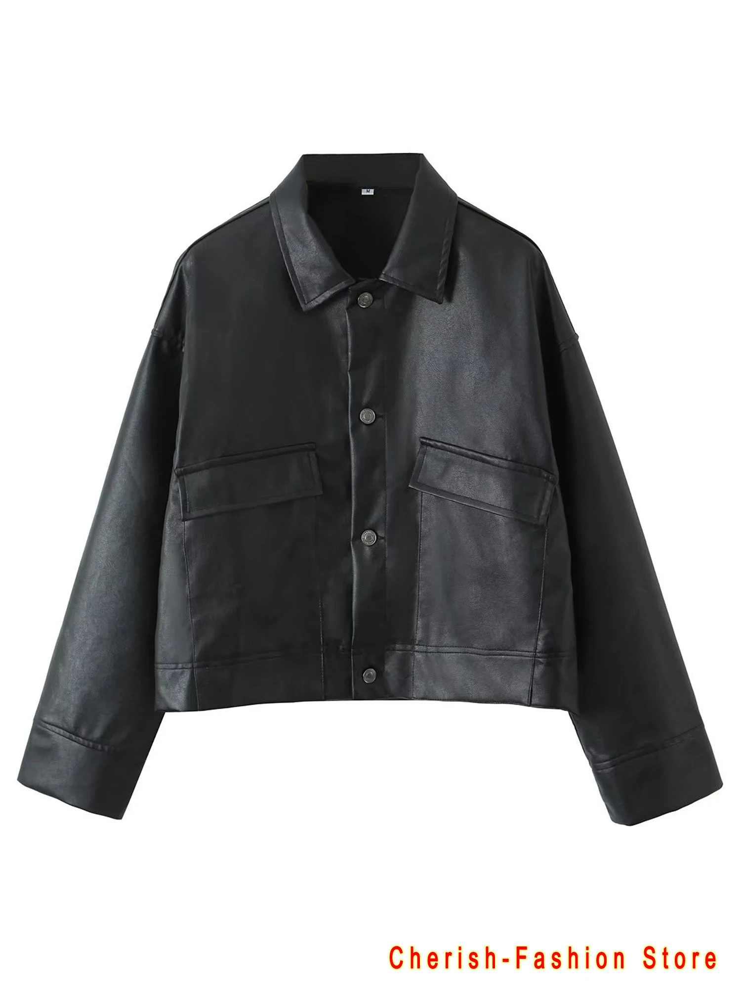 Chaqueta de cuero de manga larga para mujer, abrigo corto informal, holgado, con solapa abierta y botones, con bolsillo, color negro, novedad
