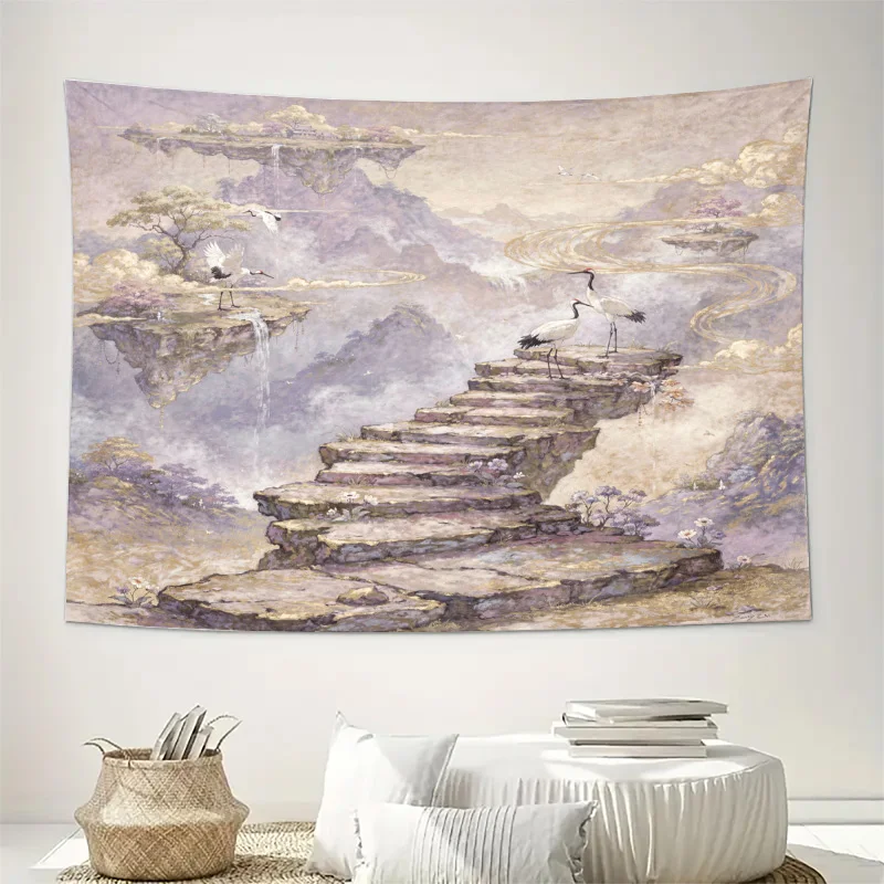Large Asian Chinese Landscape Tapestry Wall Hanging Misty Waterfall Mountain Zen Decor Oriental Style Home Artwork Poster Print