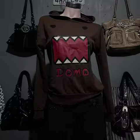 Brown Funny Patch Pattern Oversizeds Casual Hooded Jackets for Couple's Commute Minimalism Retro Harajuku New Sweatshirts