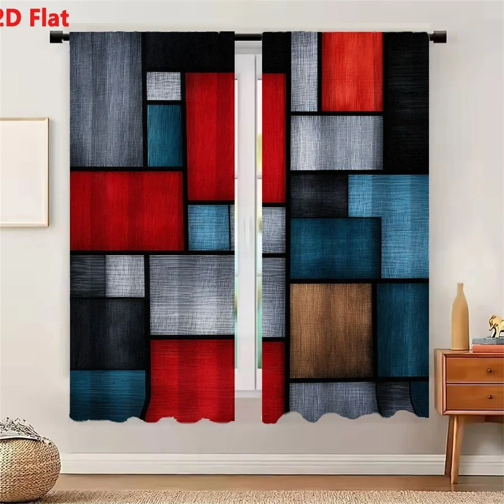 2Pcs Curtains Abstract Geometric Composition Featuring Vibrant Reds And Muted Blues In A Modernist Grid Layout Window Drapes for